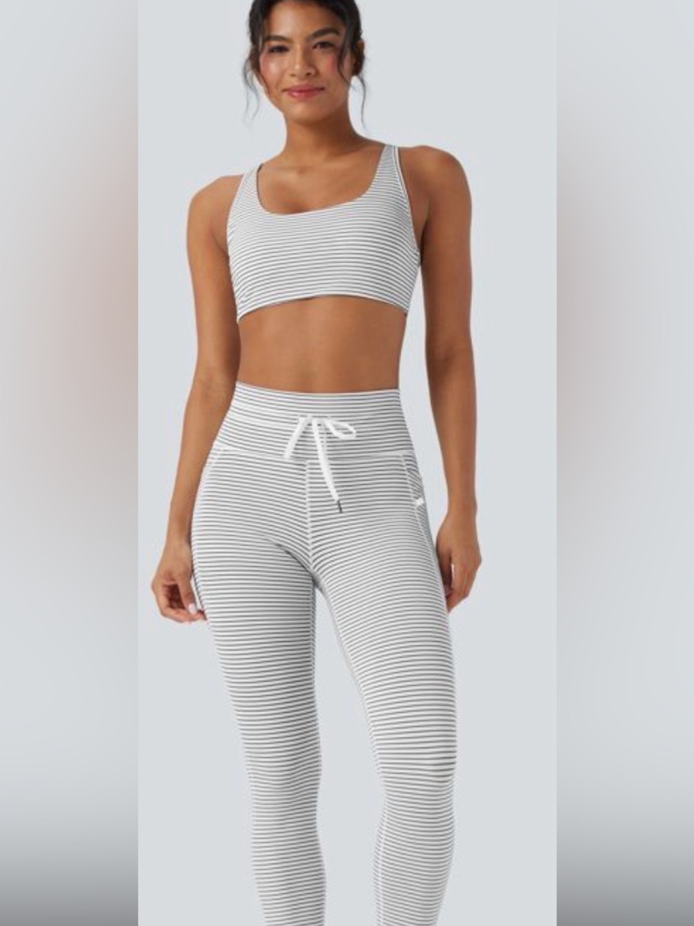 HALARA High-Waist Thin Stripe Drawstring Leggings & Top White & Gray